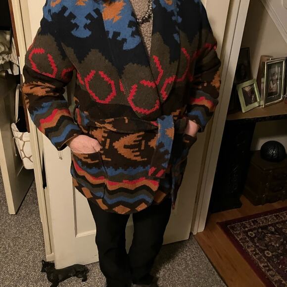 VTG Rafaella Aztec southwestern print wool tie waist shawl cardigan coat M - Picture 3 of 5